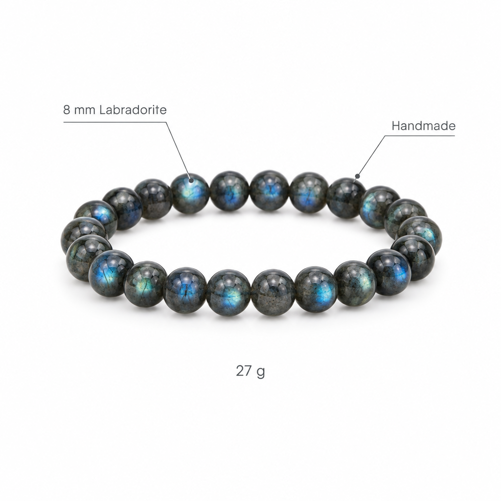 Bransoletka z labradoritu, specyfikacja na bialym tle, 8 mm Labradorite, Handmade, 27 g