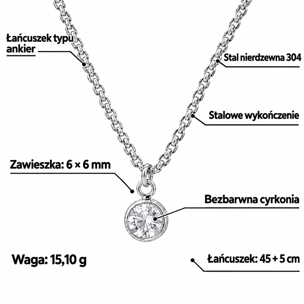 Specyfikacja naszyjnika: stal nierdzewna 304, stalowe wykończenie, bezbarwna cyrkonia 6 × 6 mm, łańcuszek 45 + 5 cm, waga 15,10 g