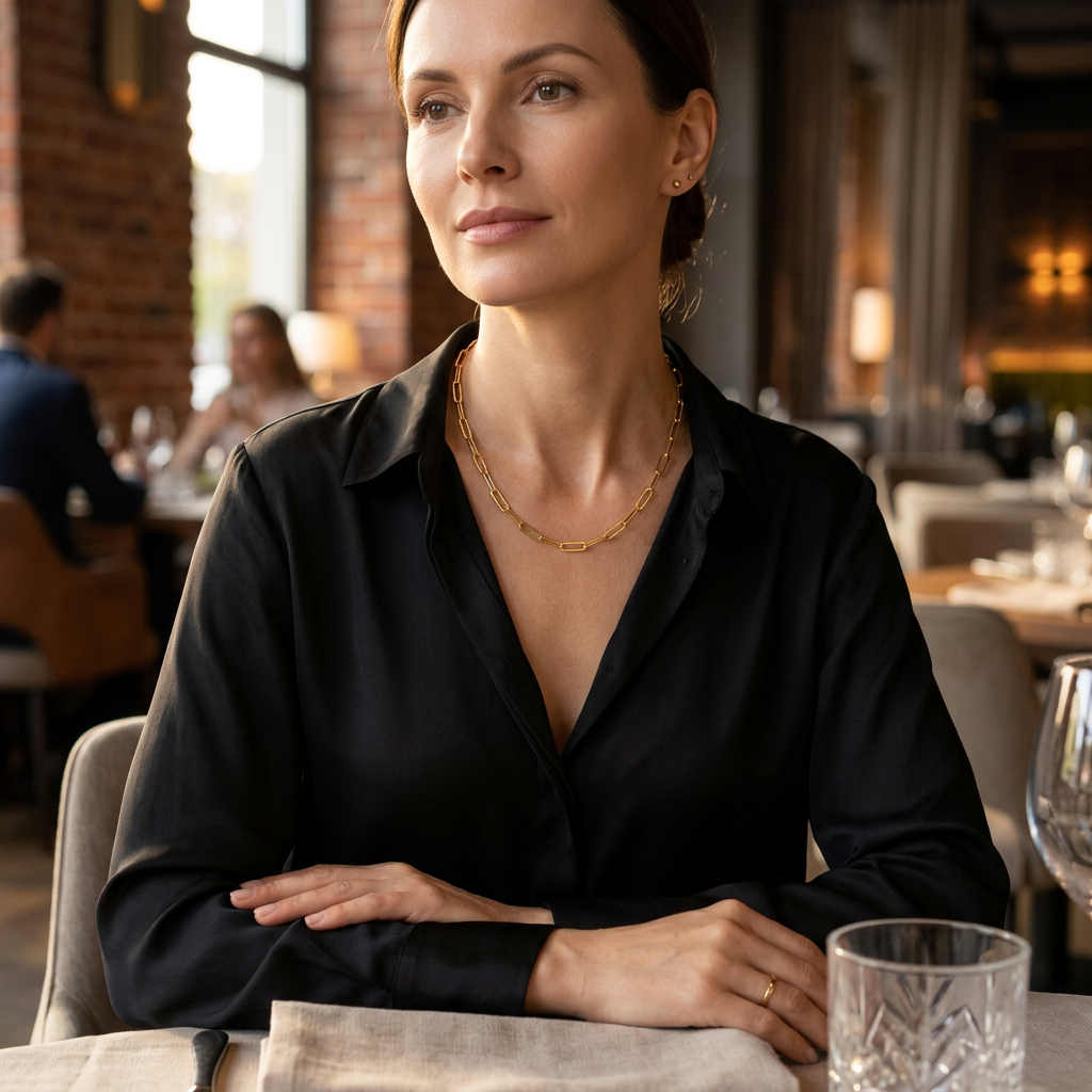 Modelka w czarnej koszuli nosząca złoty łańcuszek paperclip w restauracji