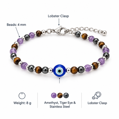 Bransoletka ametyst tygrysie oko evil eye, specyfikacja po angielsku, 4 mm, 8 g