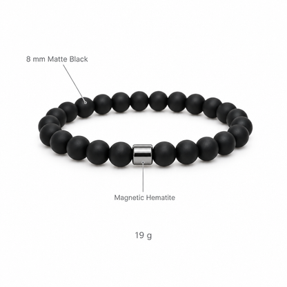 Bransoletka matowa czarna, specyfikacja na bialym tle, 8 mm Matte Black, Magnetic Hematite, 19 g