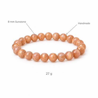 Bransoletka z kamienia sionka, specyfikacja na bialym tle, 8 mm Sunstone, Handmade, 27 g