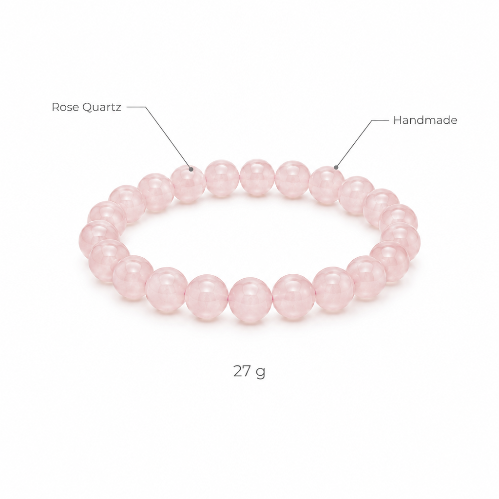 Bransoletka z rozowego kwarcu, specyfikacja na bialym tle, Rose Quartz, Handmade, 27 g