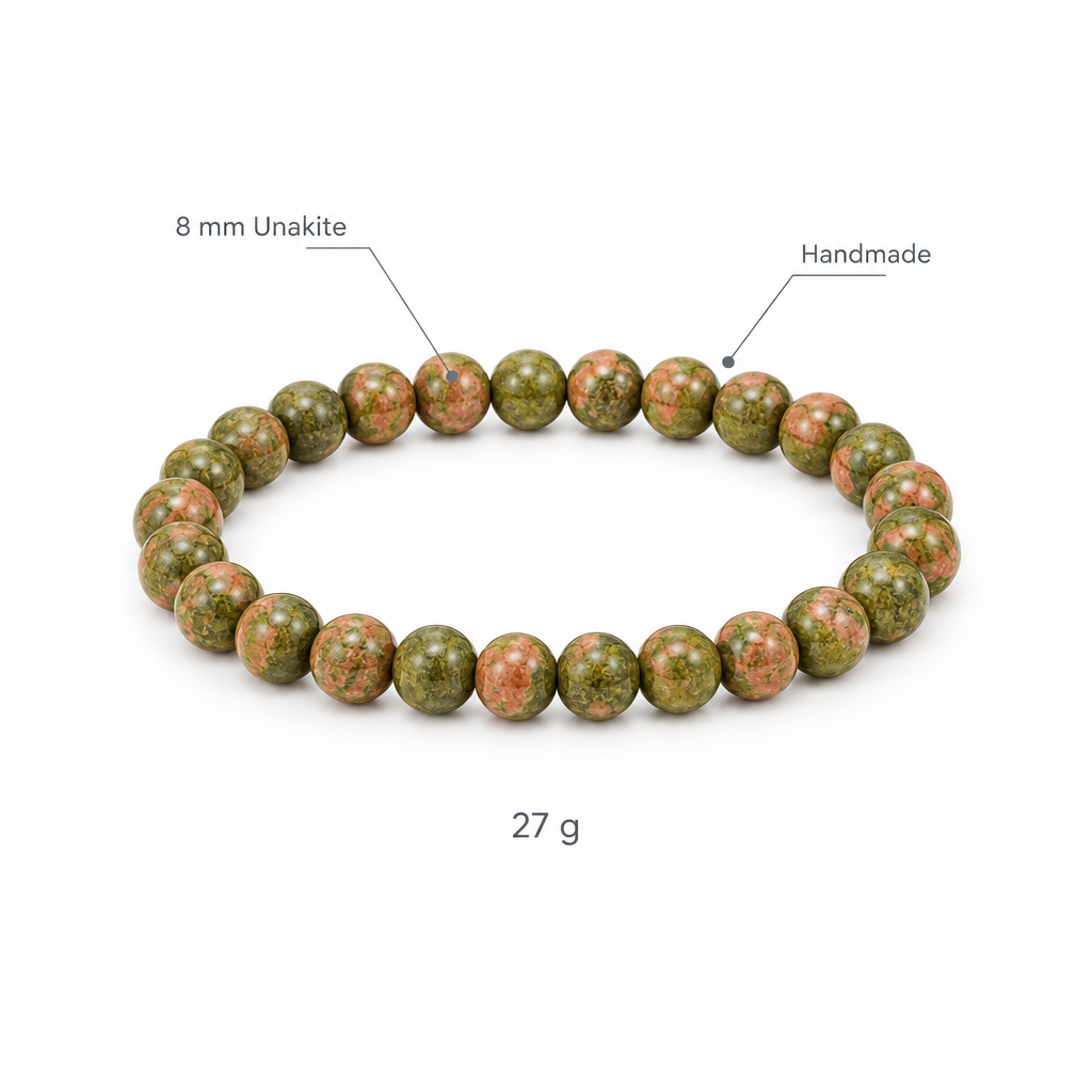 Bransoletka z unakitu, specyfikacja na bialym tle, 8 mm Unakite, Handmade, 27 g
