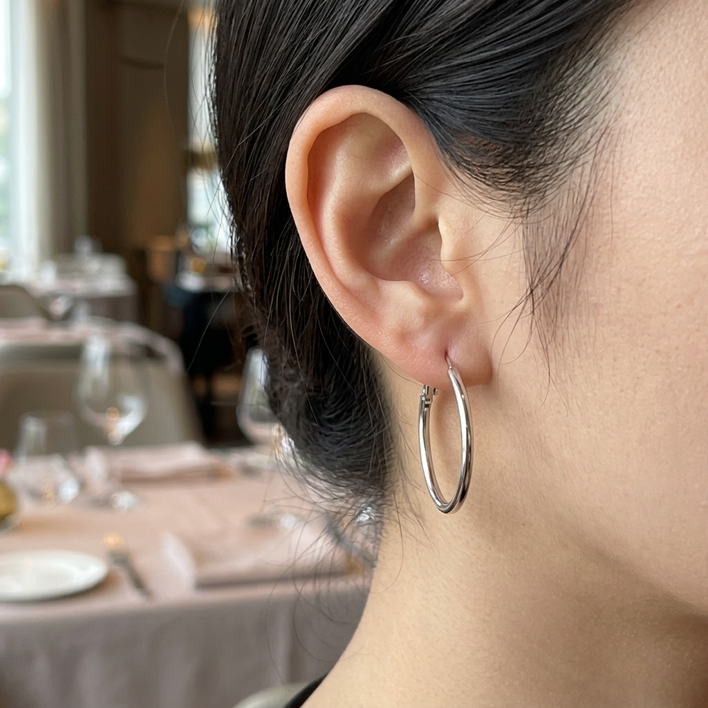 Cienki gładki kolczyk kółko w srebrnym kolorze na modelce w restauracji