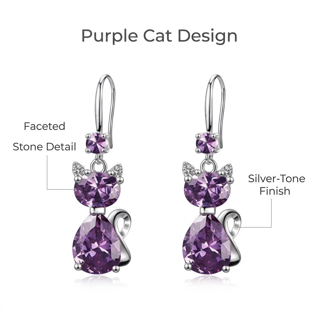 Fioletowe kolczyki kotki, angielski opis detali na białym tle