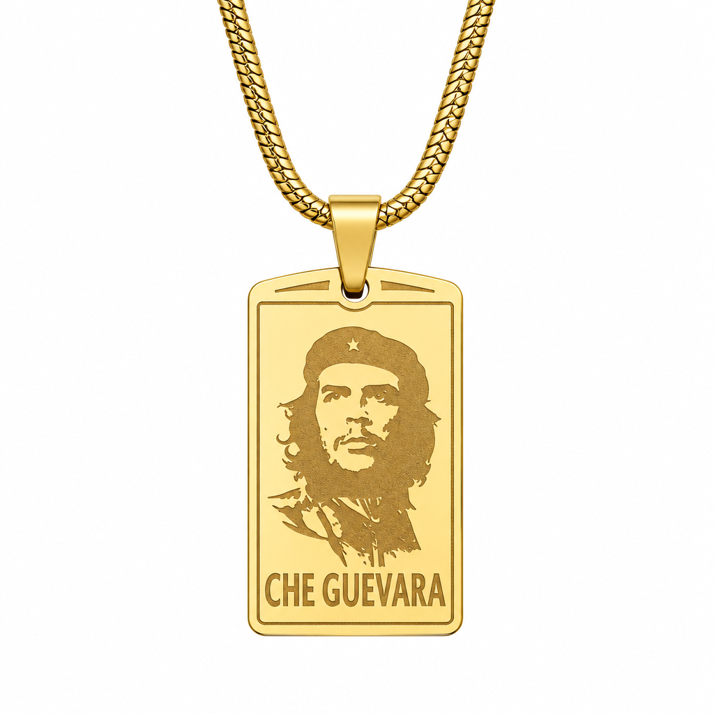 Zlota zawieszka dog tag z portretem Che Guevary na bialym tle