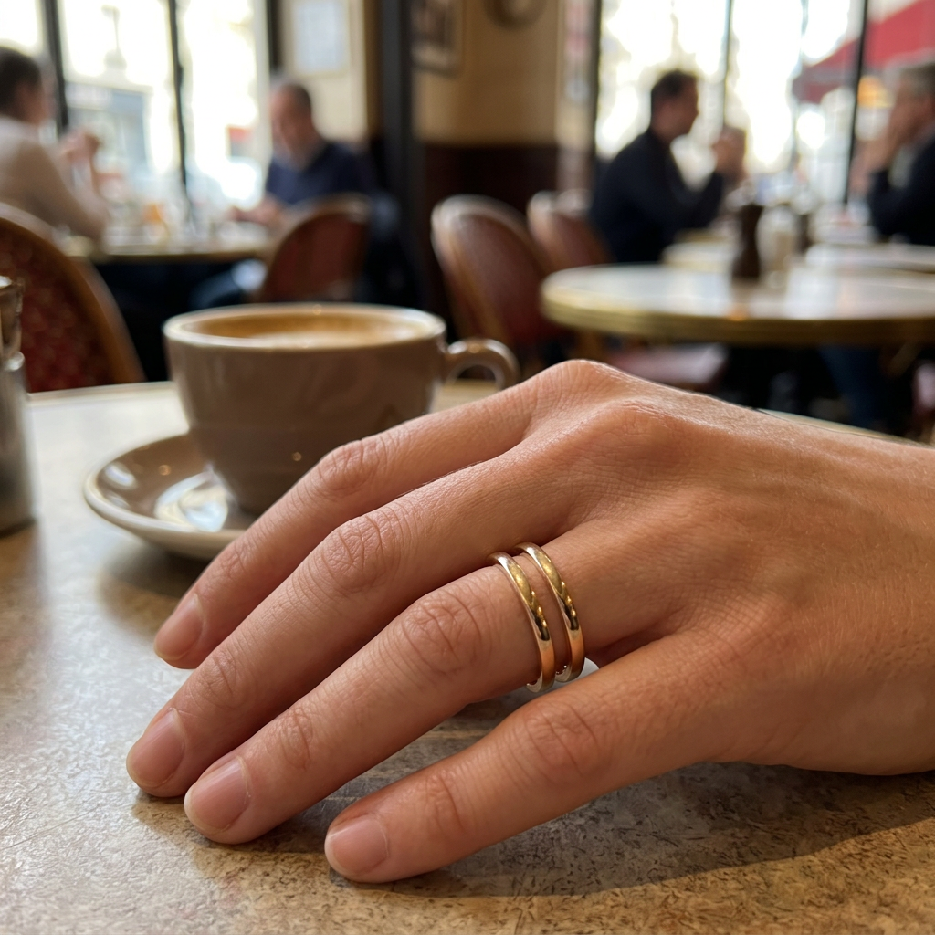 Jeden złoty pierścionek z dwoma pasmami na dłoni przy kawie w restauracji
