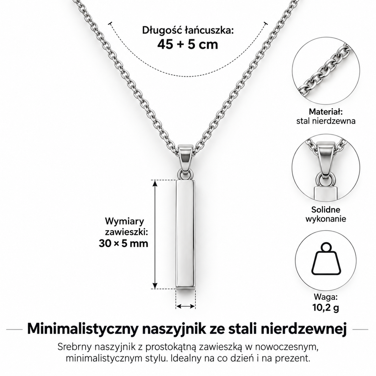 Minimalistyczny łańcuszek ze stali szlachetnej z prostokątną zawieszką – srebrny