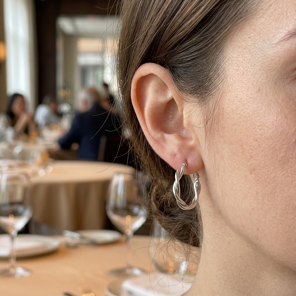 Srebrny skręcony kolczyk na modelce w restauracji